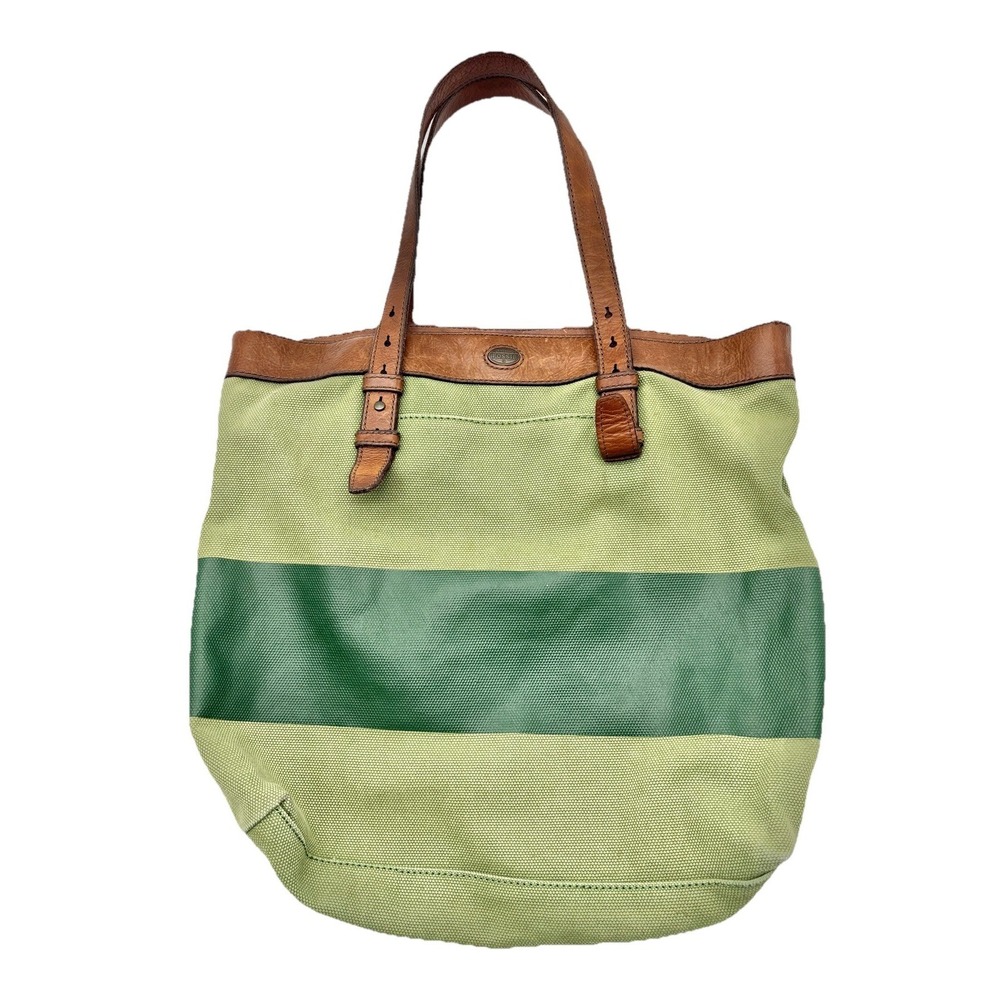 Fossil Canvas Leather Tote Bag Green Striped Shoulder‎ Bag